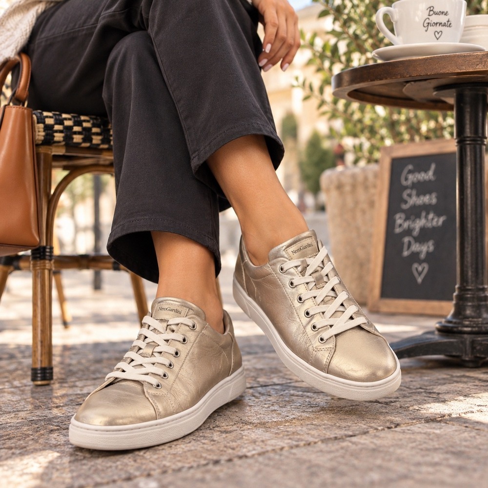 NeroGiardini Metallic Gold Leather Platform Sneakers Made in Italy Size 41
